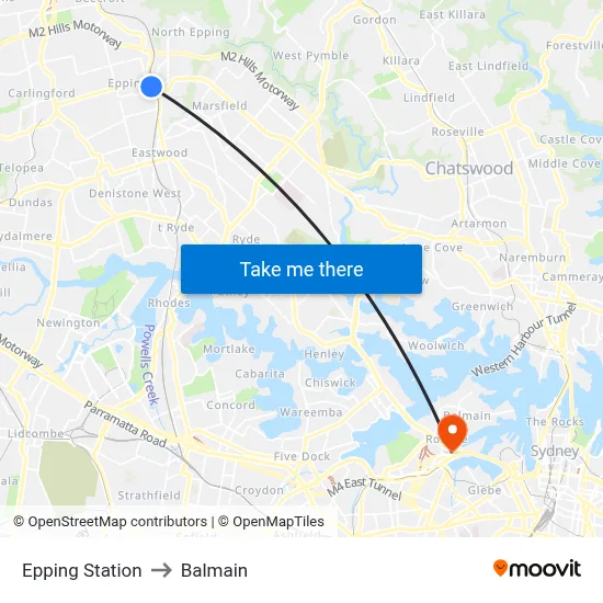 Epping Station to Balmain map