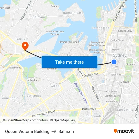 Queen Victoria Building to Balmain map