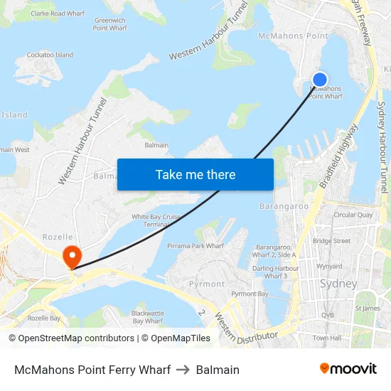 McMahons Point Ferry Wharf to Balmain map