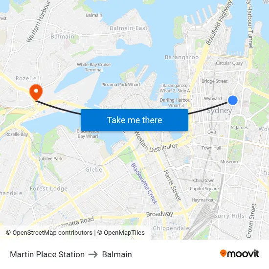 Martin Place Station to Balmain map