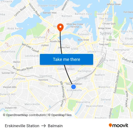Erskineville Station to Balmain map