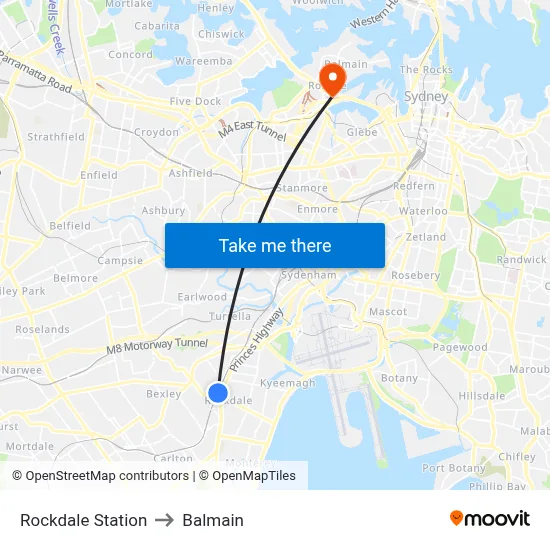 Rockdale Station to Balmain map