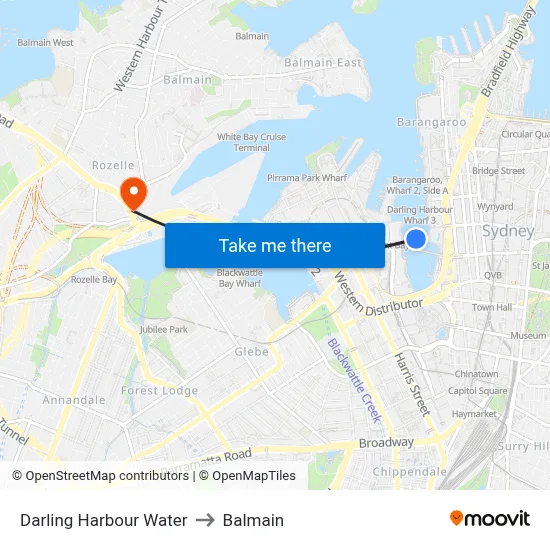 Darling Harbour Water to Balmain map