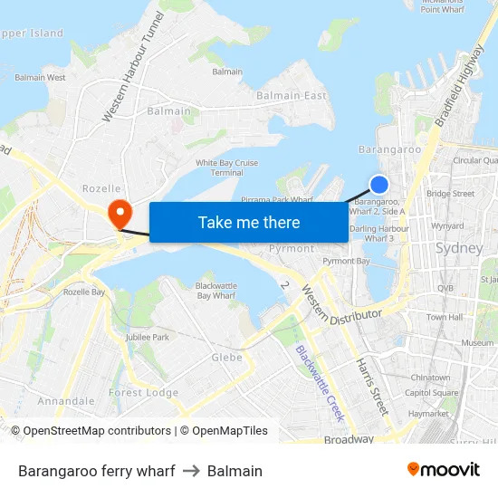 Barangaroo ferry wharf to Balmain map