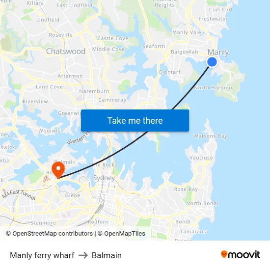 Manly ferry wharf to Balmain map
