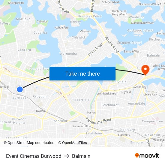 Event Cinemas Burwood to Balmain map