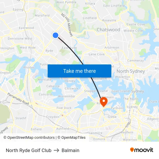 North Ryde Golf Club to Balmain map
