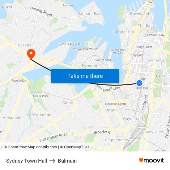 Sydney Town Hall to Balmain map