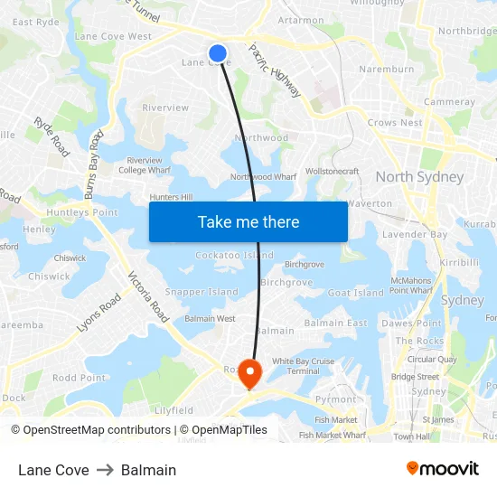 Lane Cove to Balmain map