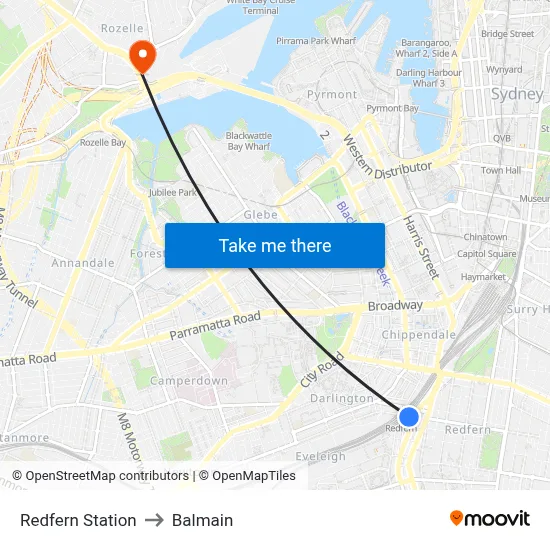 Redfern Station to Balmain map