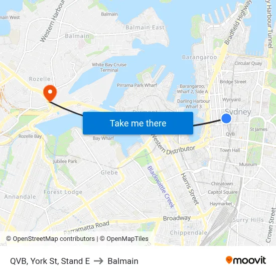QVB, York St, Stand E to Balmain map