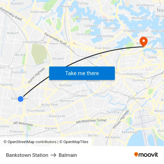 Bankstown Station to Balmain map