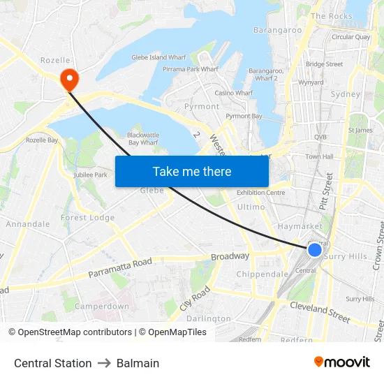 Central Station to Balmain map