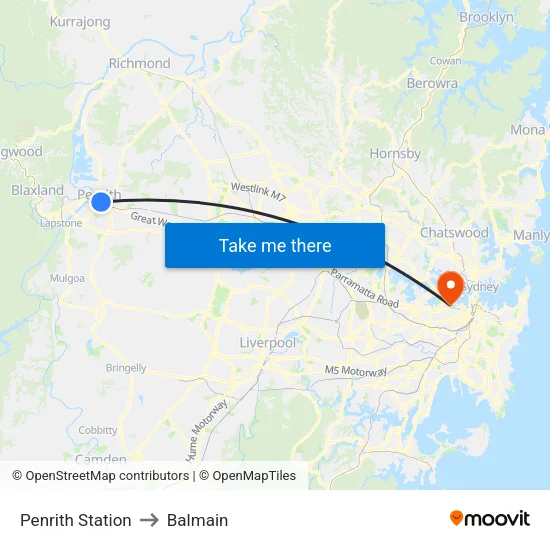 Penrith Station to Balmain map