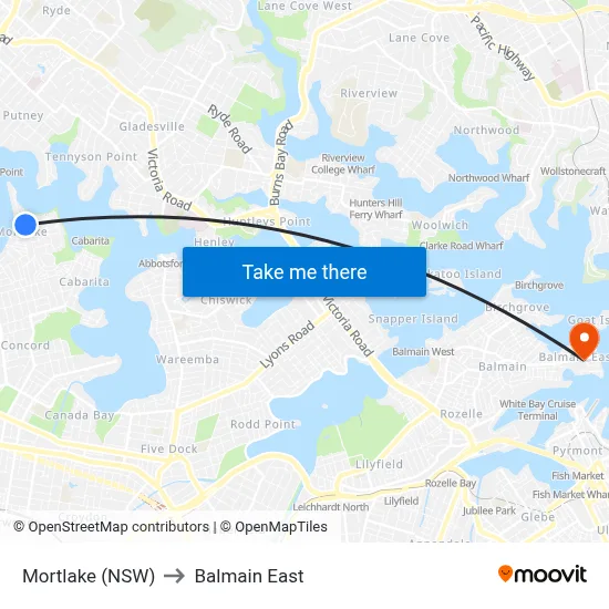 Mortlake (NSW) to Balmain East map
