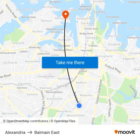 Alexandria to Balmain East map