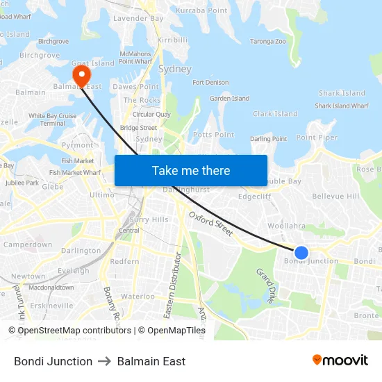 Bondi Junction to Balmain East map