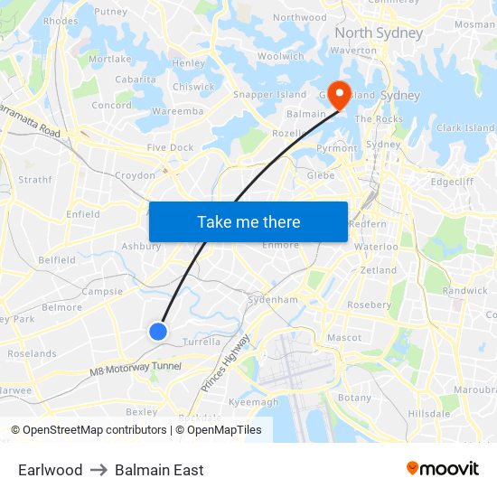 Earlwood to Balmain East map