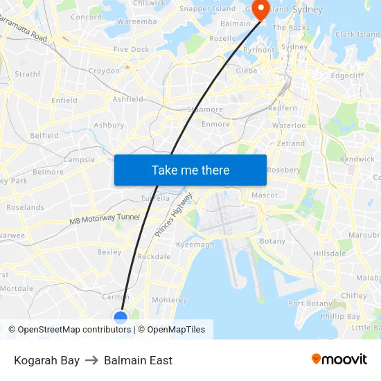 Kogarah Bay to Balmain East map