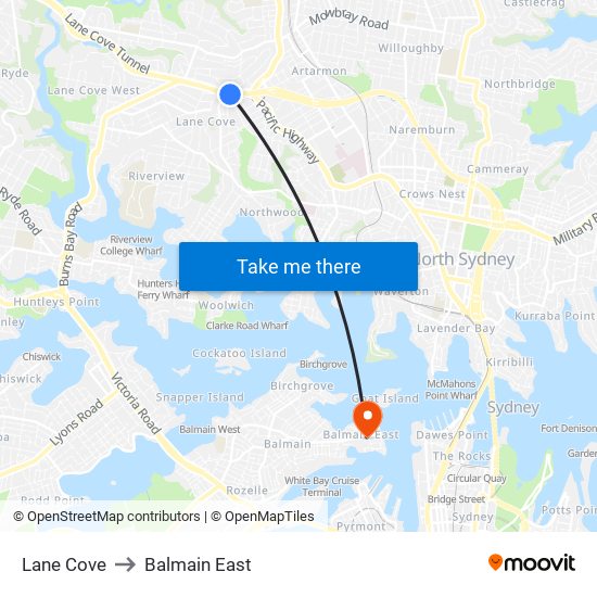 Lane Cove to Balmain East map
