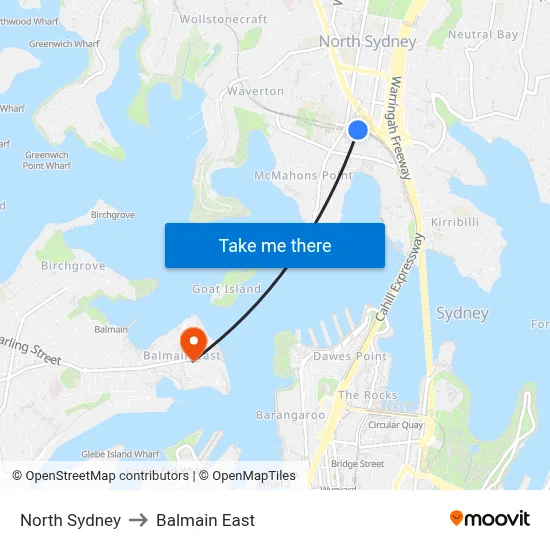 North Sydney to Balmain East map
