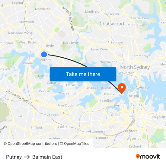 Putney to Balmain East map