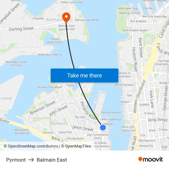 Pyrmont to Balmain East map