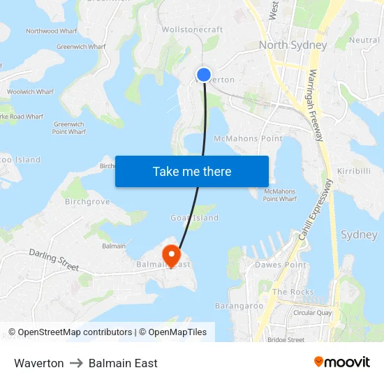 Waverton to Balmain East map