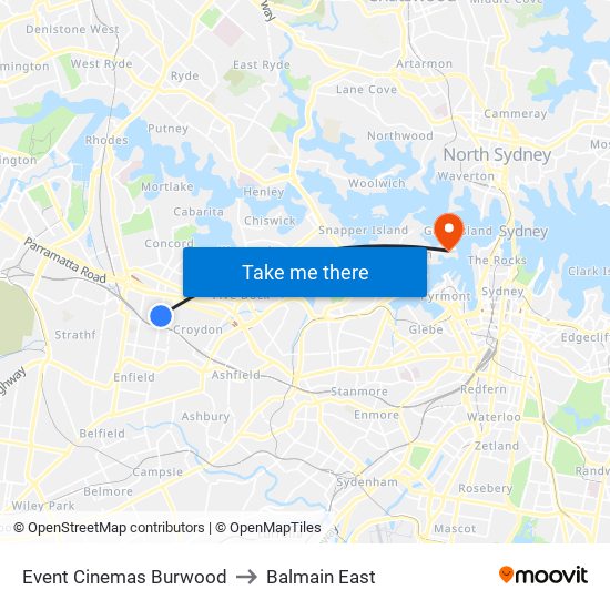 Event Cinemas Burwood to Balmain East map