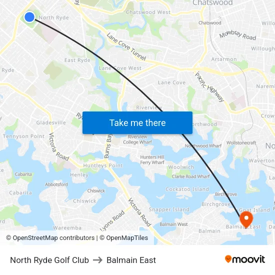 North Ryde Golf Club to Balmain East map
