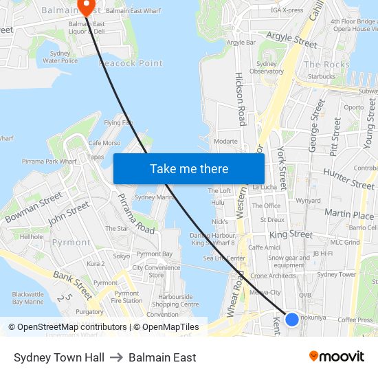 Sydney Town Hall to Balmain East map