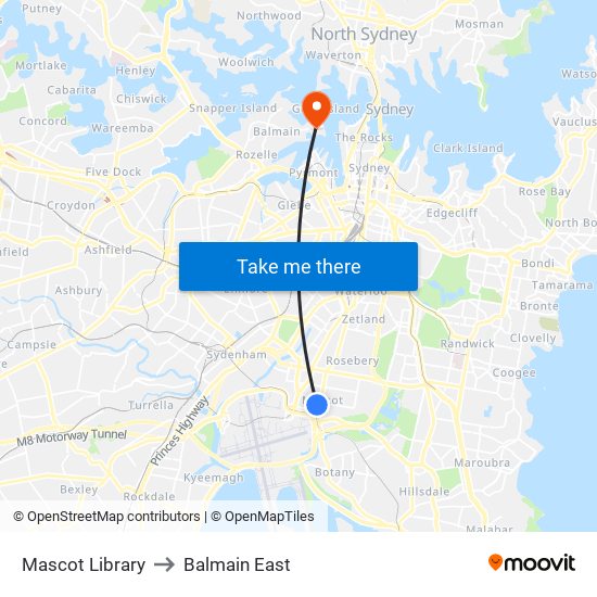 Mascot Library to Balmain East map