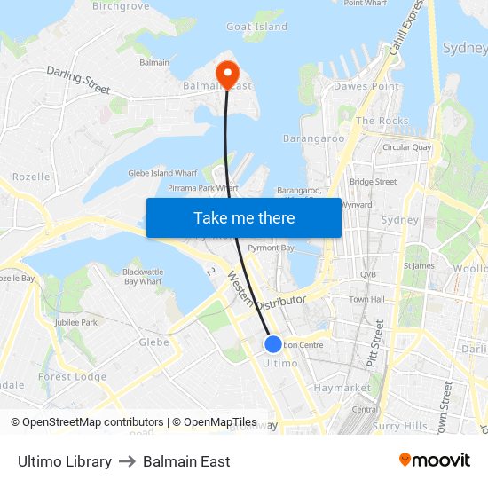 Ultimo Library to Balmain East map