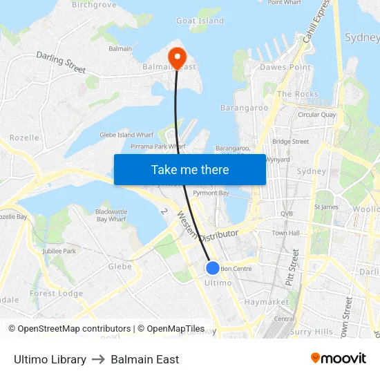 Ultimo Library to Balmain East map