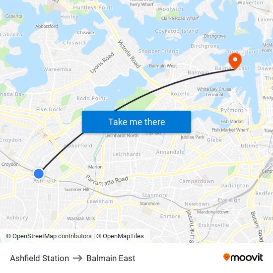 Ashfield Station to Balmain East map