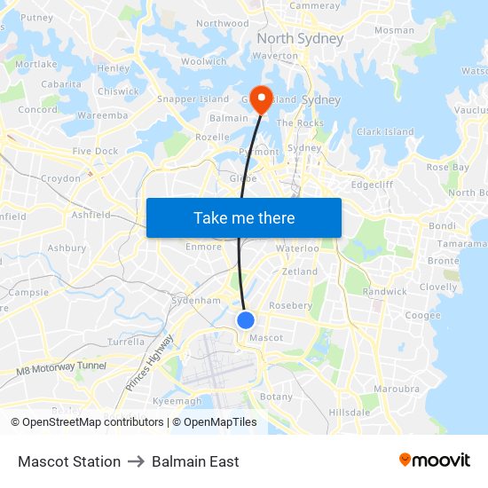 Mascot Station to Balmain East map