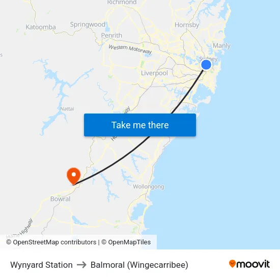 Wynyard Station to Balmoral (Wingecarribee) map