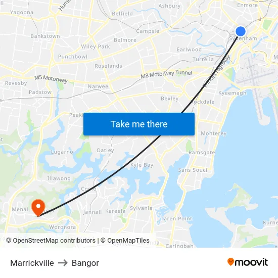 Marrickville to Bangor map