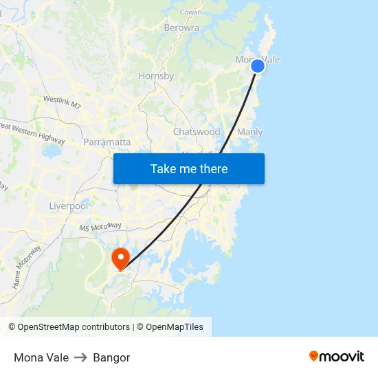 Mona Vale to Bangor map