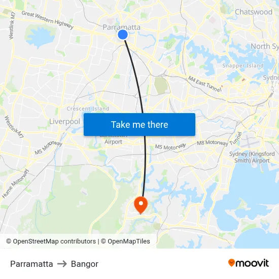 Parramatta to Bangor map