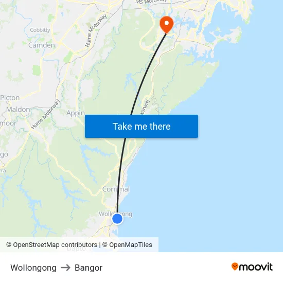 Wollongong to Bangor map