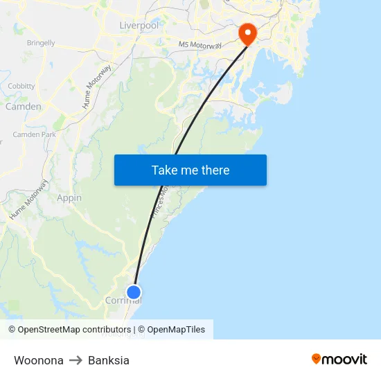 Woonona to Banksia map