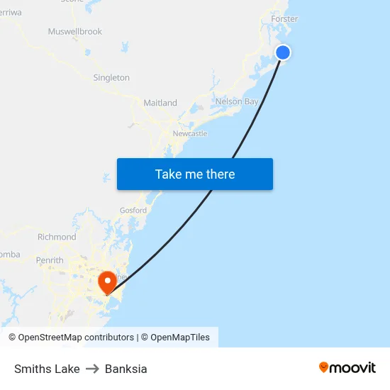 Smiths Lake to Banksia map