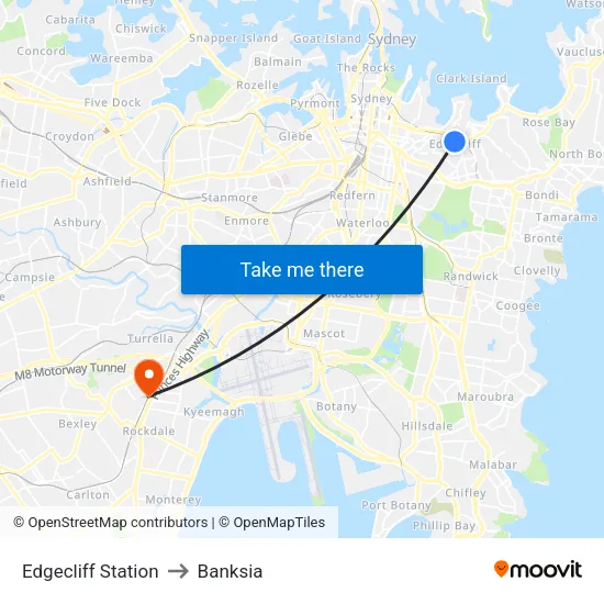 Edgecliff Station to Banksia map