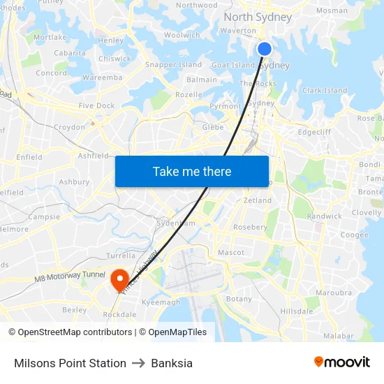 Milsons Point Station to Banksia map