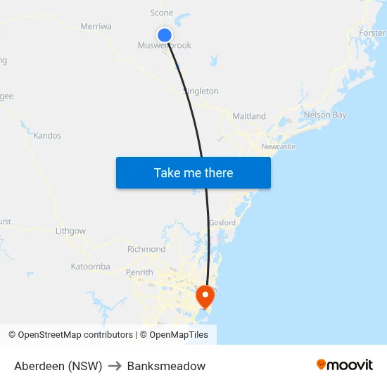 Aberdeen (NSW) to Banksmeadow map