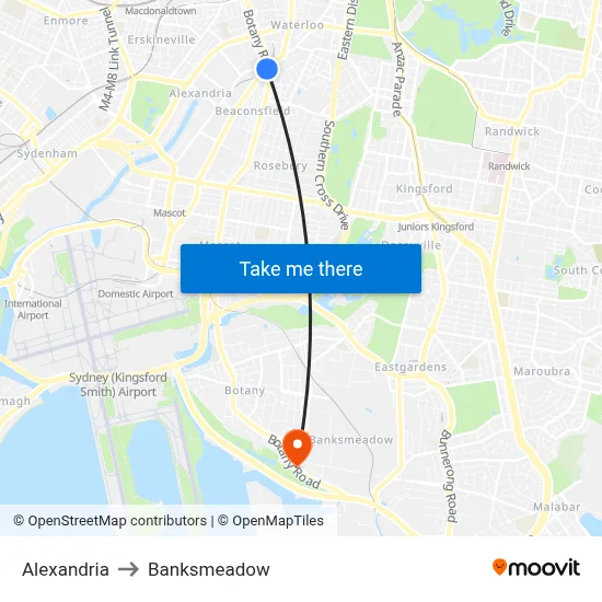 Alexandria to Banksmeadow map