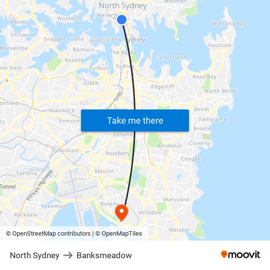 North Sydney to Banksmeadow map