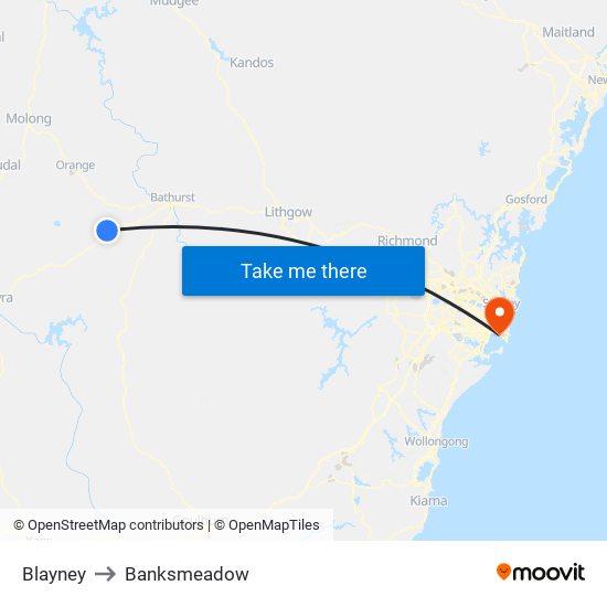Blayney to Banksmeadow map