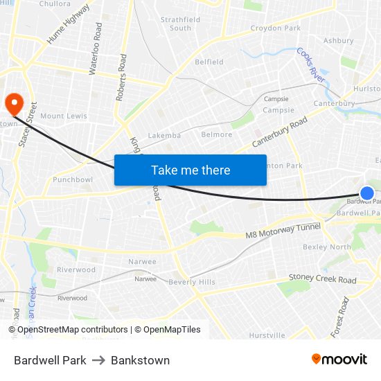 Bardwell Park to Bankstown map